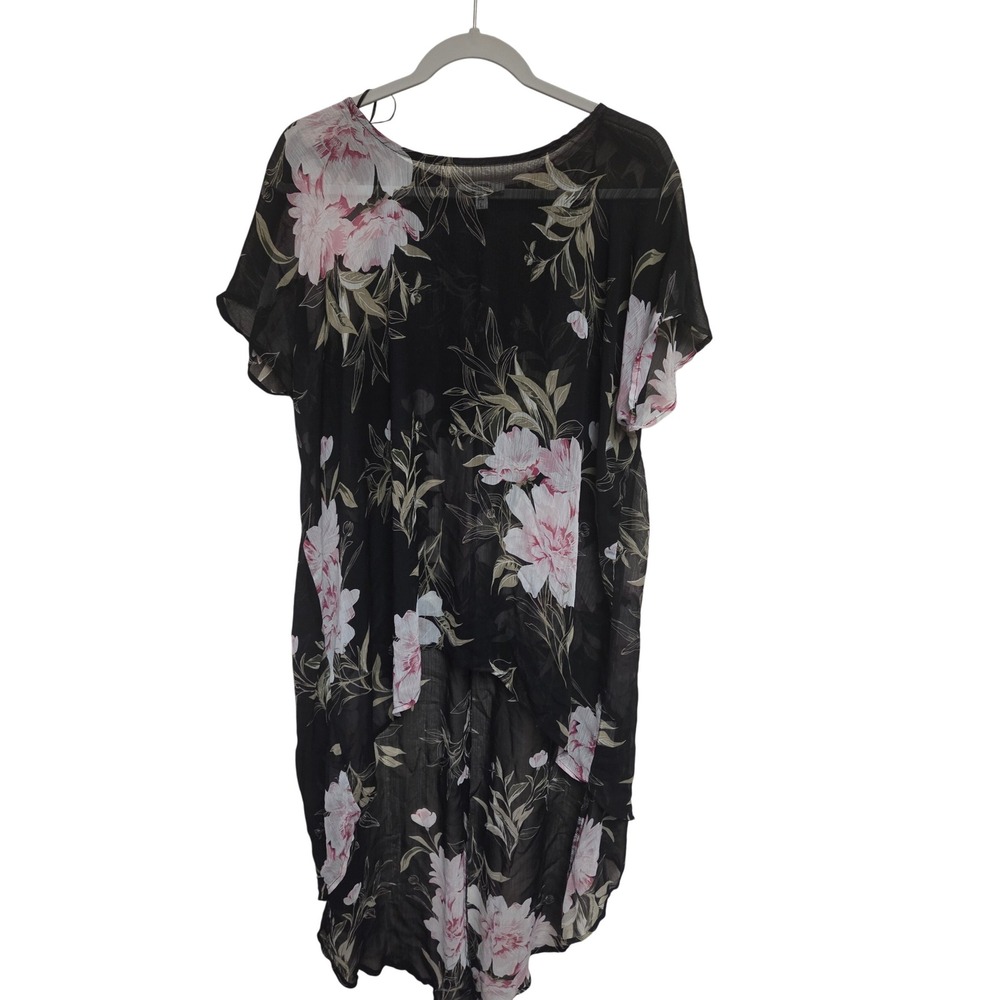 Meraki Black Floral‎ Print Sheer High Low Tunic Top Blouse Size L